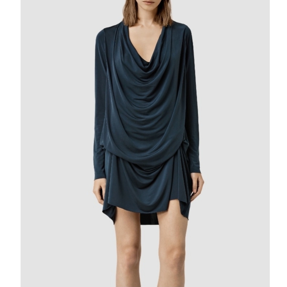 ALL SAINTS Amei Teal Long Sleeve Draped Cowl Neck Dress Women's Size 2